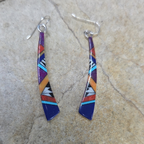925 Sterling Silver Earrings Inlay Lapis Coral Turquoise